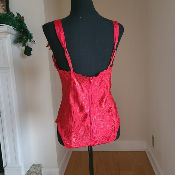 VTG Victoria’s Secret Gold Label Red Satin Jacquard Teddy M Lace Bows Holiday - Picture 5 of 12